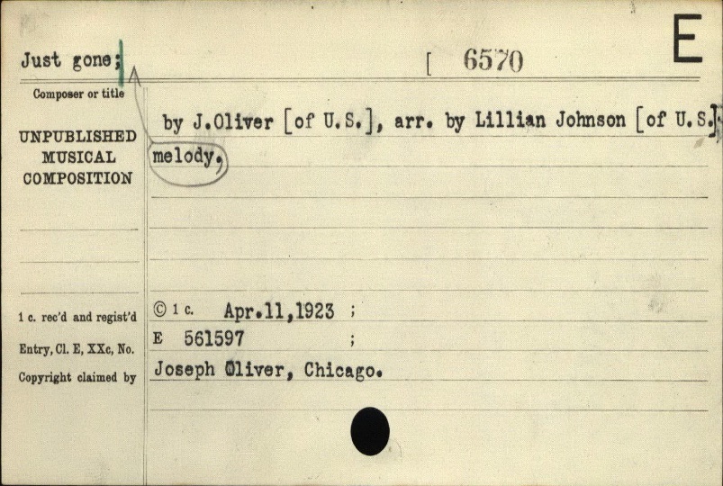 1923 copyright deposit card for "Just Gone" by Joe Oliver, arr. Lillian Johnson — registered E 561597, April 11, 1923