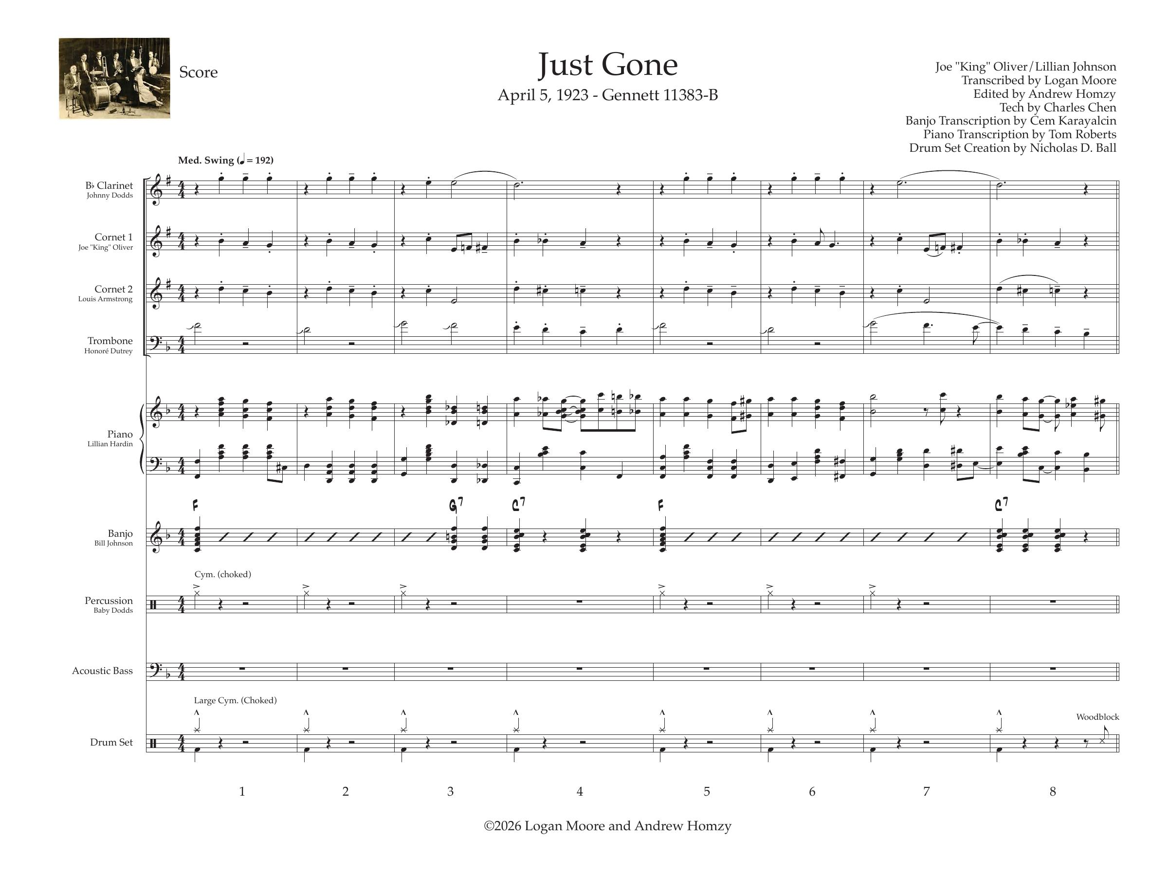 Engraved full score of "Just Gone" — all nine parts (clarinet, two cornets, trombone, piano, banjo, percussion, bass, drum set), transcribed and edited by the project team