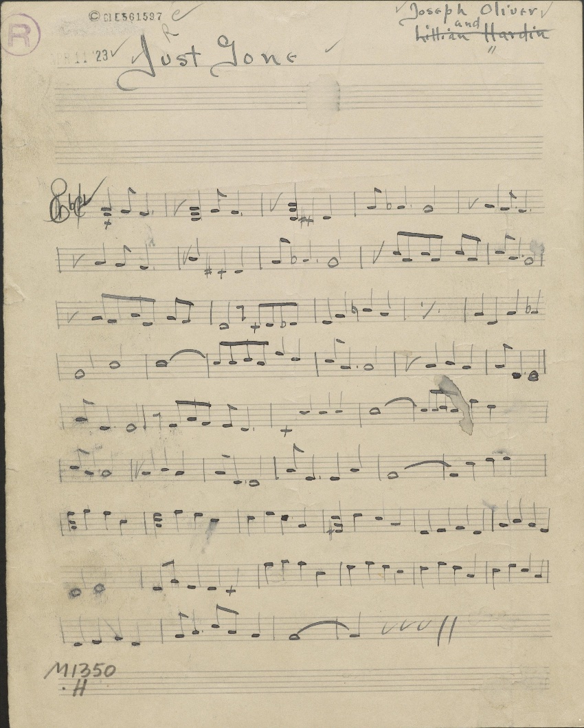 Handwritten working transcription of "Just Gone" — Joe Oliver and Lil Hardin, deposit M11350